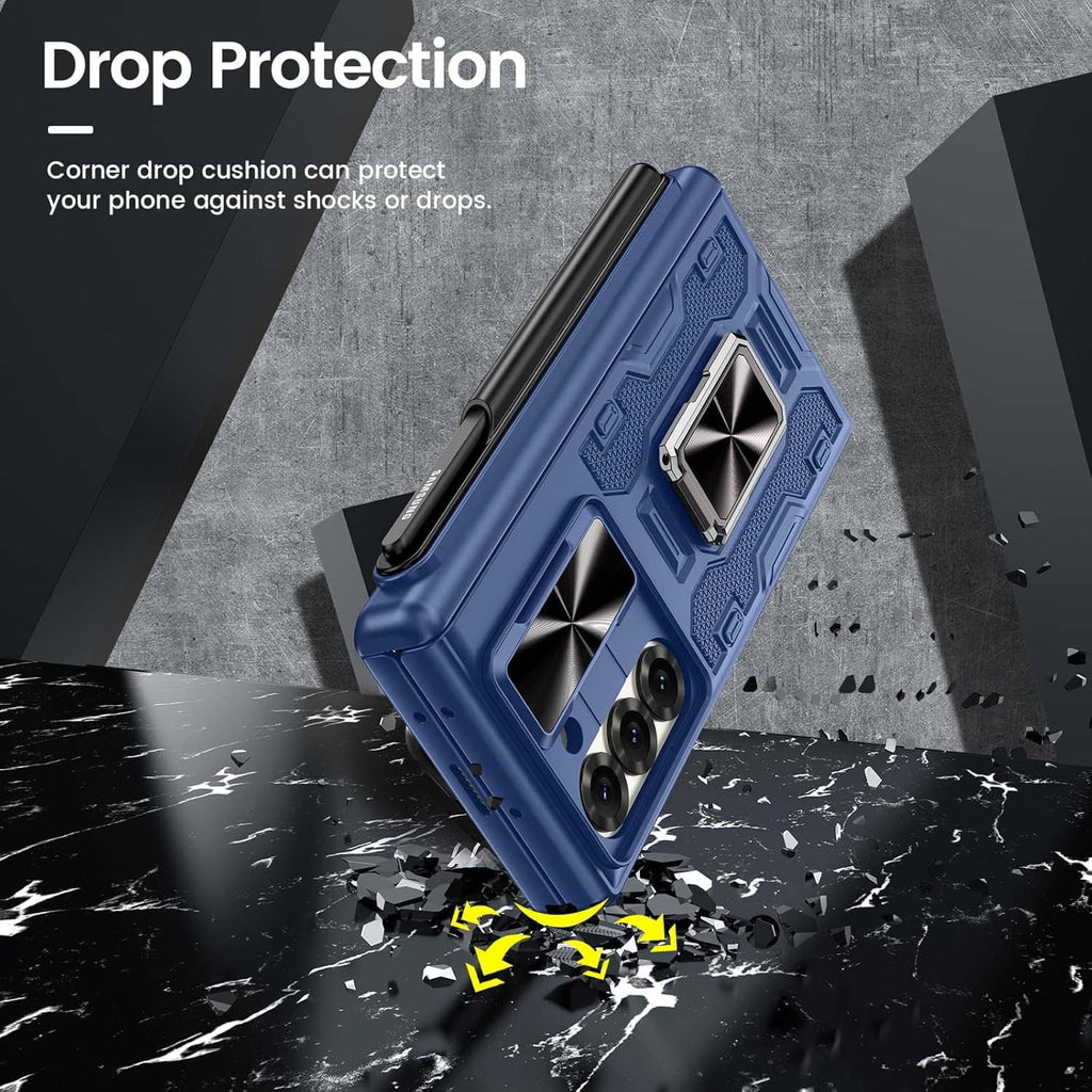 Blue fold phone case with reinforced corner bumpers for drop protection