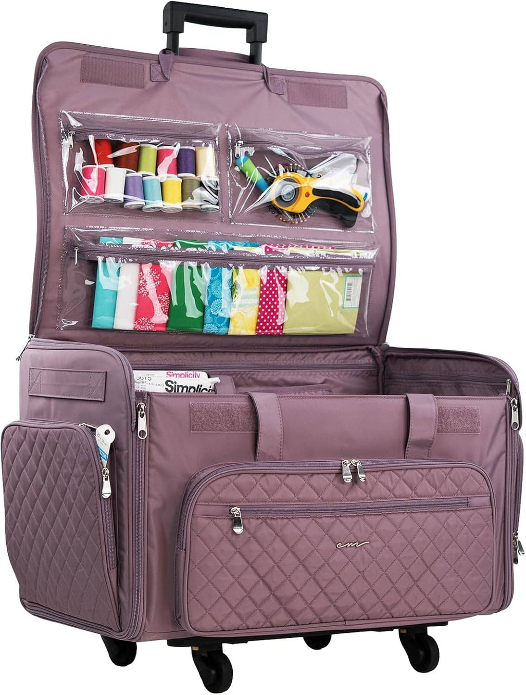 Purple quilted rolling sewing machine case open with front compartments and side zip pocket