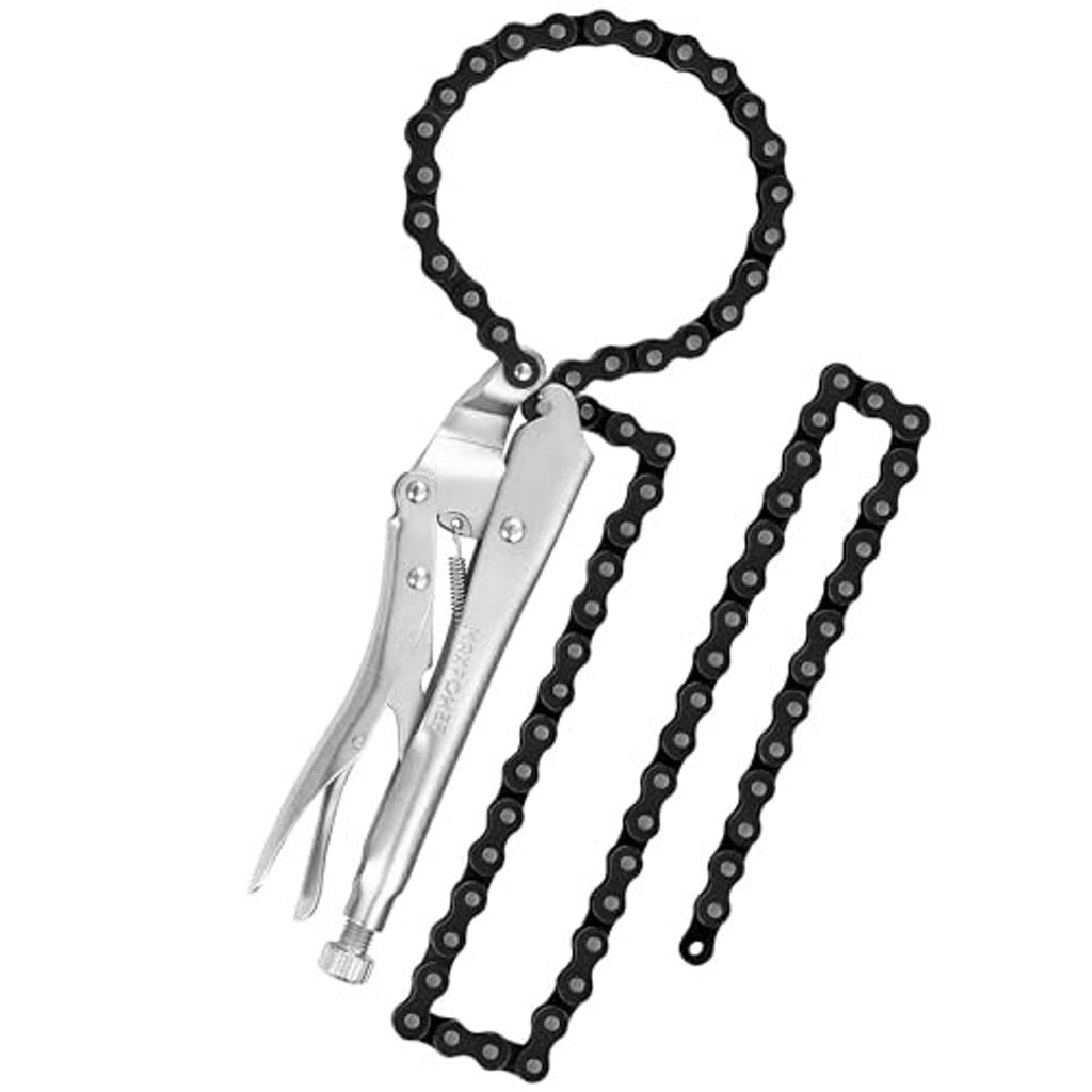9-inch locking chain clamp pliers with black chain loop and silver gripping handles