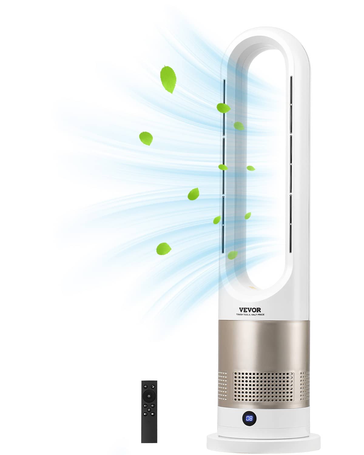 Uimoso bladeless tower fan heater with white oval air outlet and base