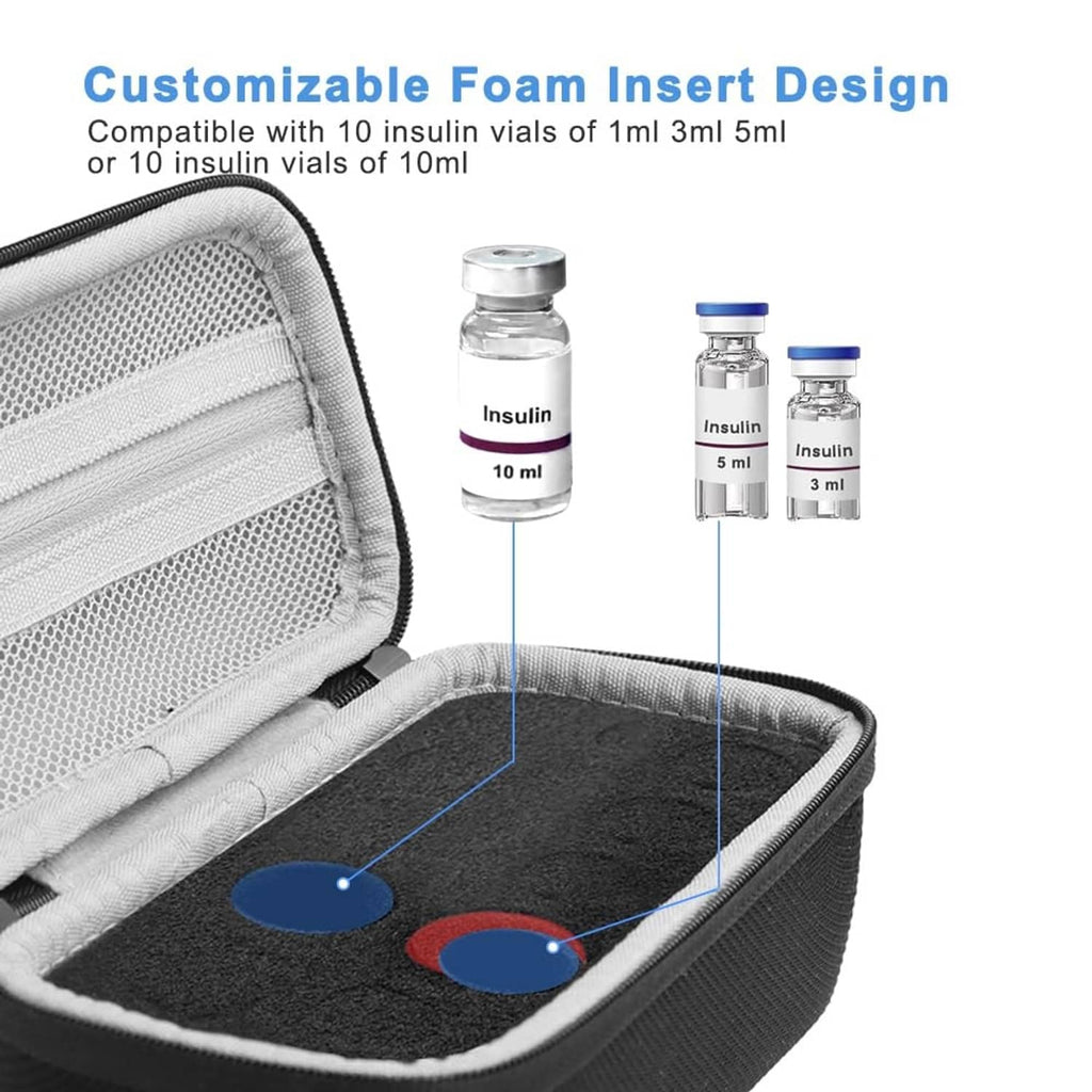 Open black insulin vial case showing gray foam insert with molded vial compartments