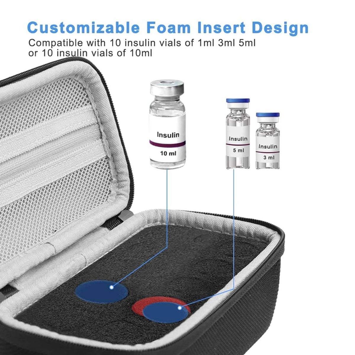 Open black insulin vial case showing gray foam insert with molded vial compartments