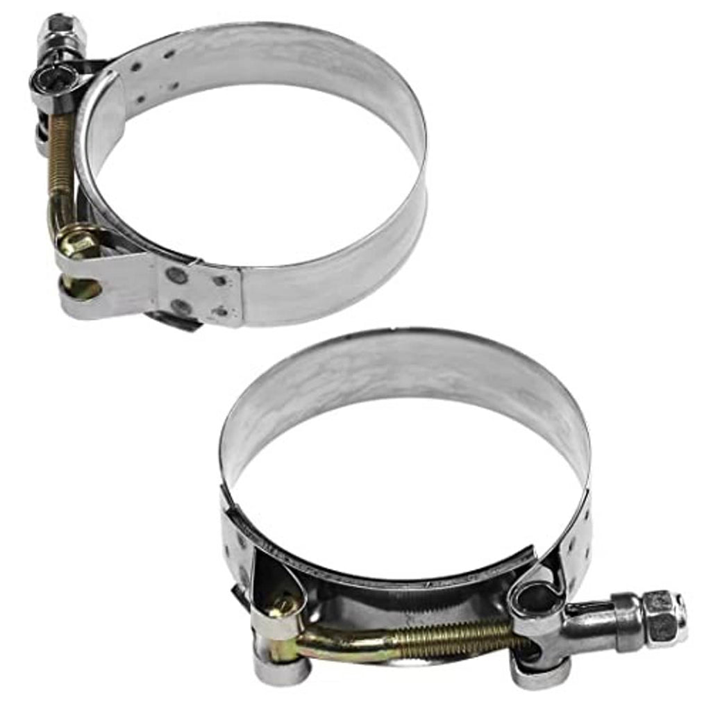 Two stainless steel T-bolt hose clamps, round band with yellow inner bolt and hex screw