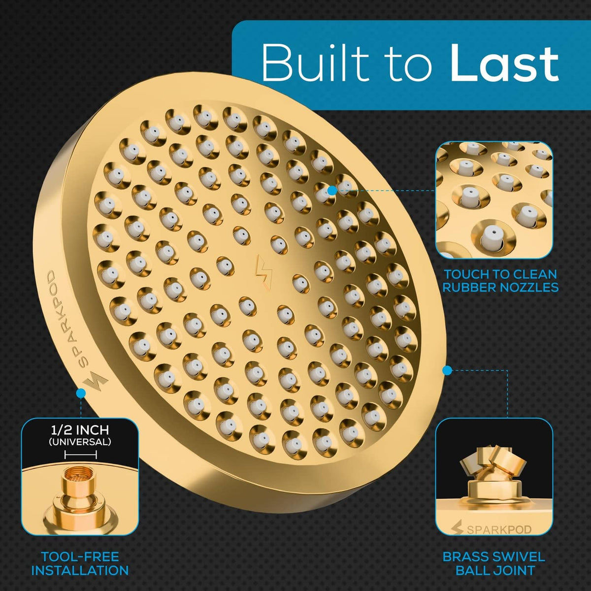 SparkPod 6-inch rain shower head in Egyptian gold with touch-clean rubber nozzles and swivel joint