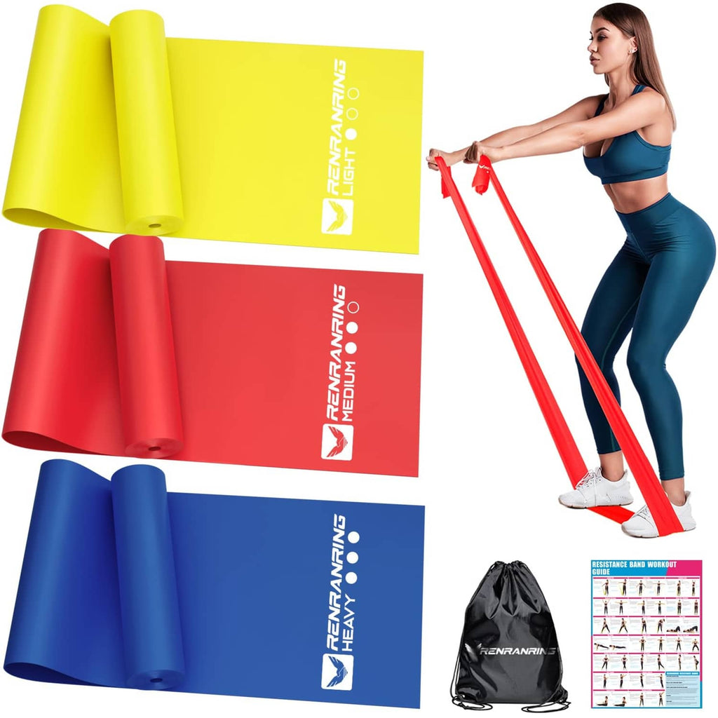 Resistance band set with rolled yellow, red, and blue bands plus carry bag and guide