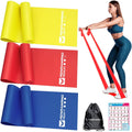 Resistance band set with rolled yellow, red, and blue bands plus carry bag and guide