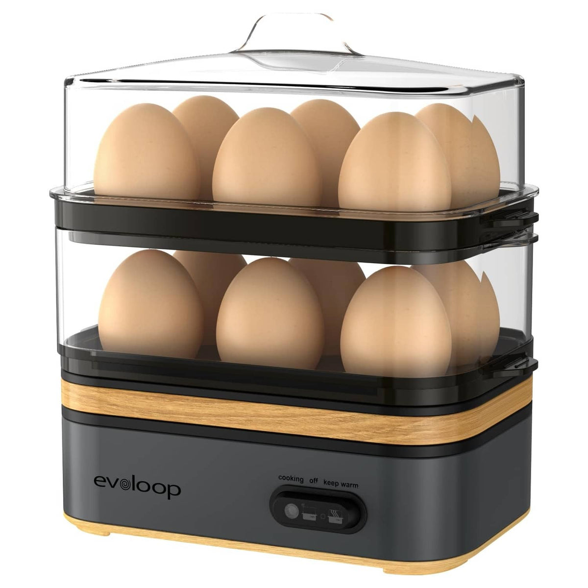 Gray electric 12-egg cooker with clear lid and stacked steaming trays