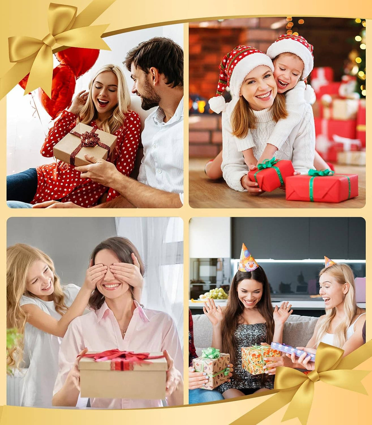Gift celebration collage with people holding wrapped presents
