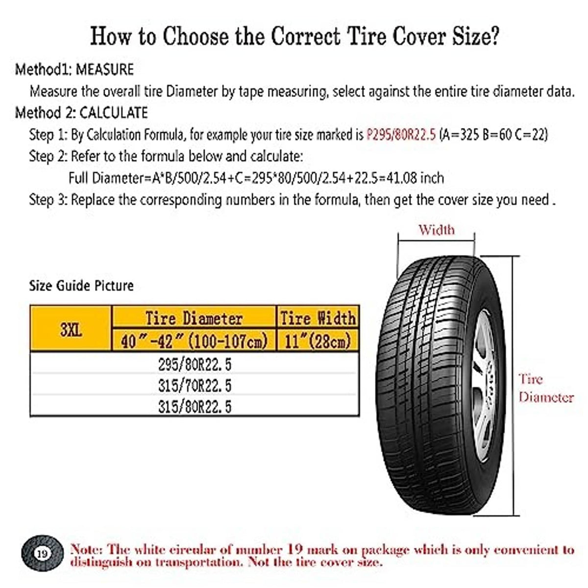 RV wheel tire cover size guide graphic with measurement diagram for 40–42 inch tires