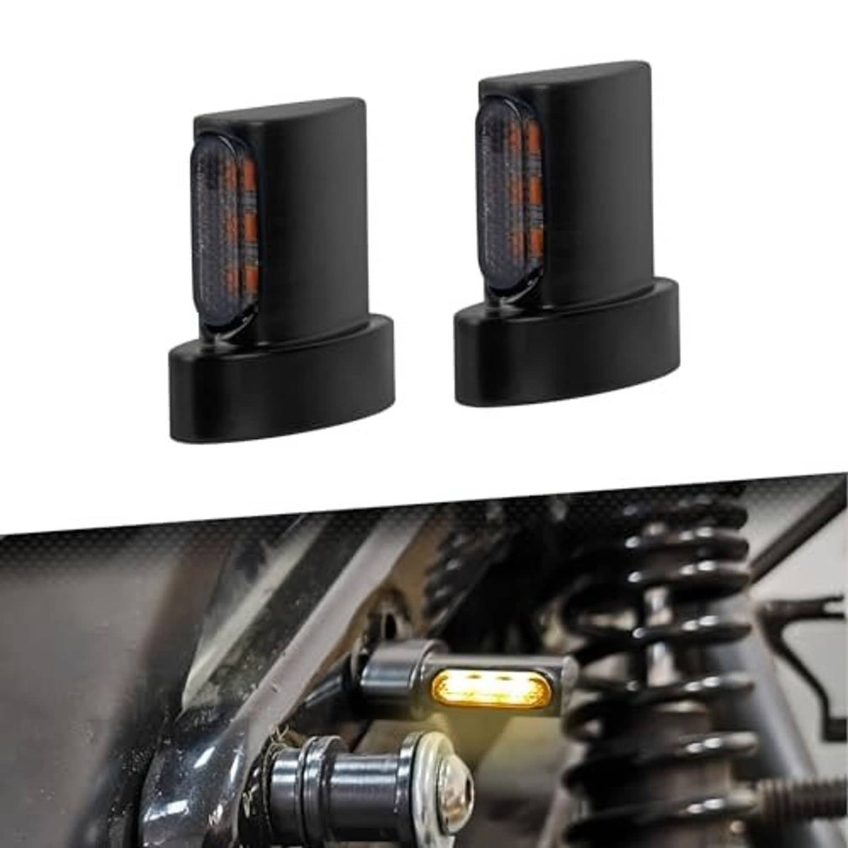 Motorcycle LED turn signal with black housing and vertically mounted smoke lens, amber