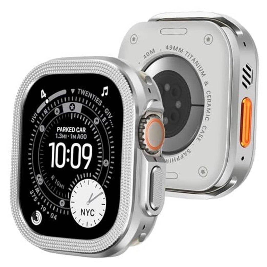 2-in-1 metal watch cover for Apple Watch Ultra 49mm, silver, on mesh band