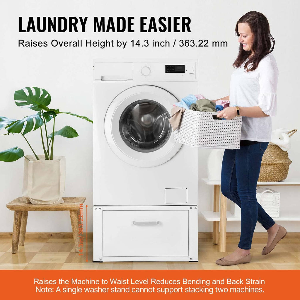 White washer dryer pedestal stand with storage drawer beneath the appliance