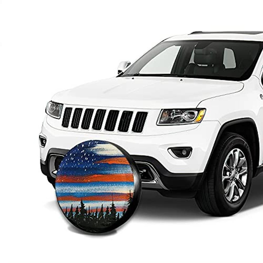 Spare tire cover on front-left spare location, round blue and orange striped print