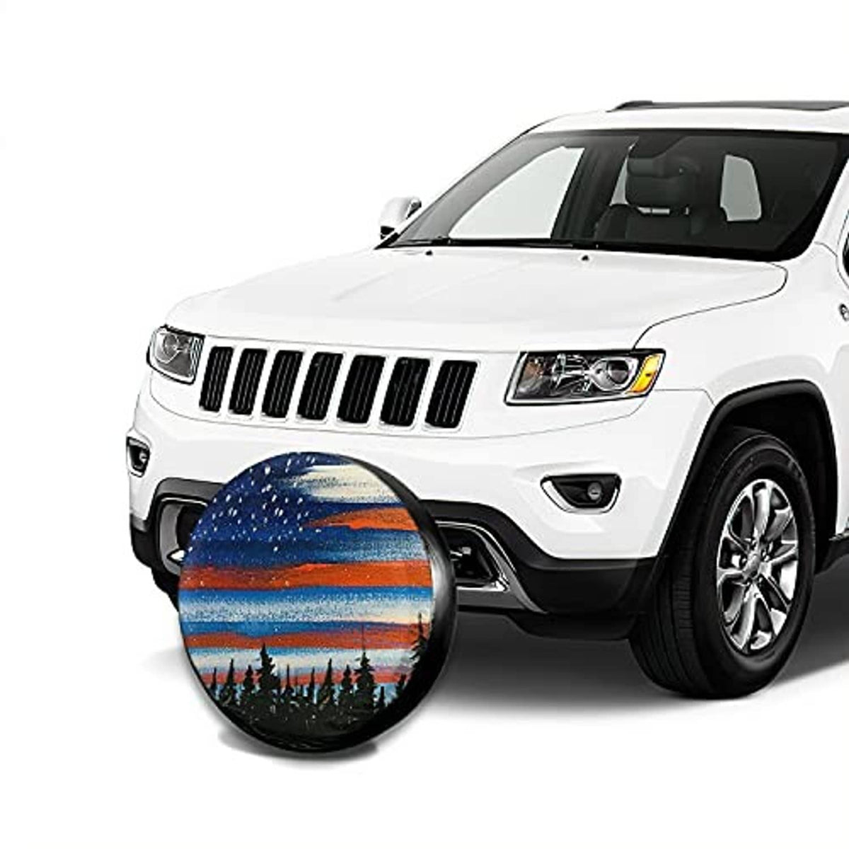Spare tire cover on front-left spare location, round blue and orange striped print