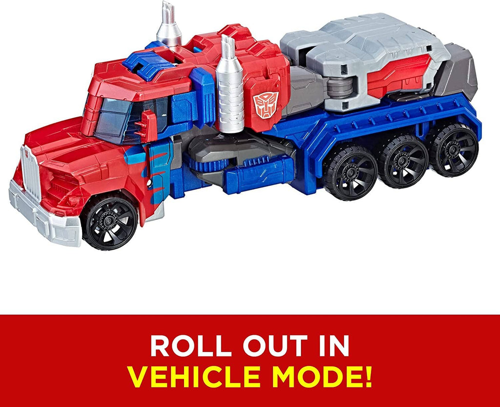 Robot action figure partially combined with a gray-and-blue wheeled truck body