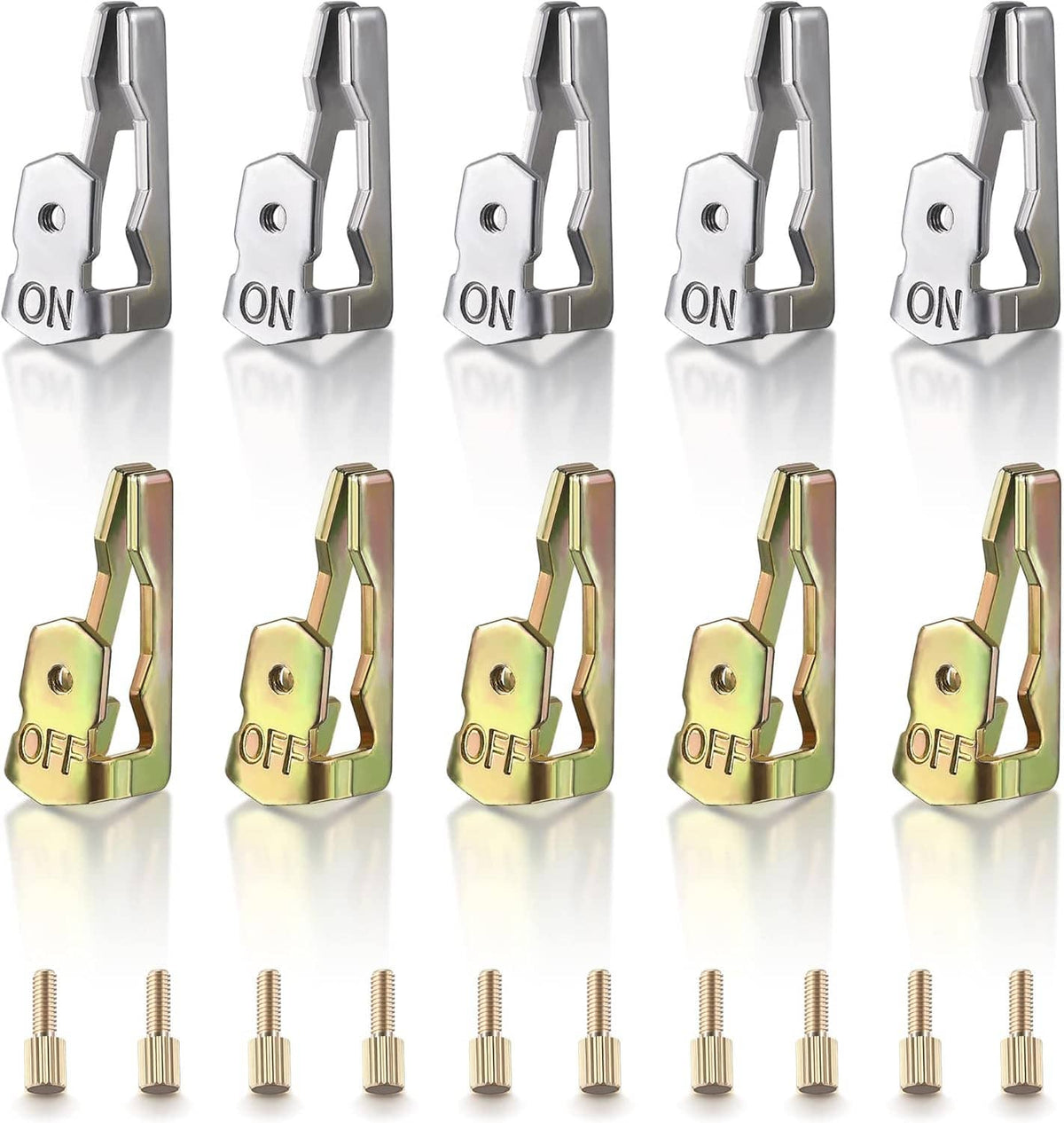 Set of 5 silver ON and 5 gold OFF trippers with 10 fixing screws for timer switches