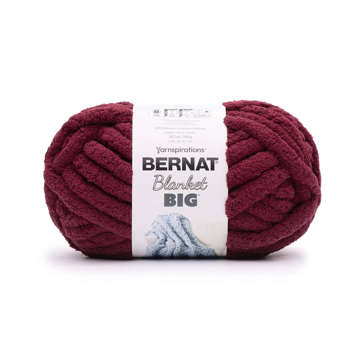 Burgundy chenille yarn skein with Bernat Blanket Big label