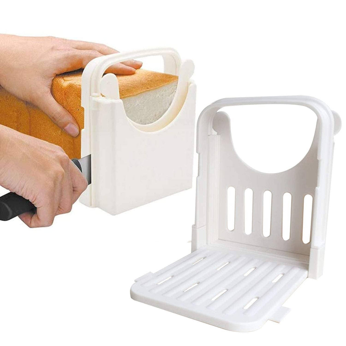 White adjustable bread slicer with handle and cutting guide, loaf being sliced