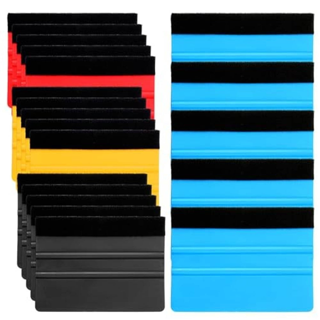 Felt-edge vinyl squeegee set, stacked black and red, yellow, blue blades