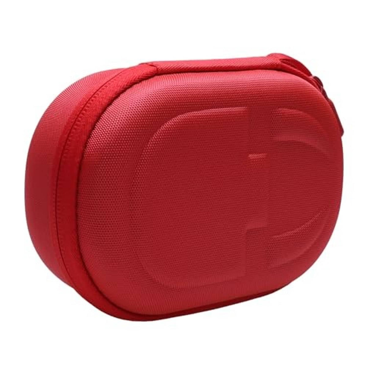 Red zippered speaker case with textured outer and molded front, compact carry loop