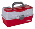 Red and gray 3-tray classic tackle box with carry handle and open top compartments