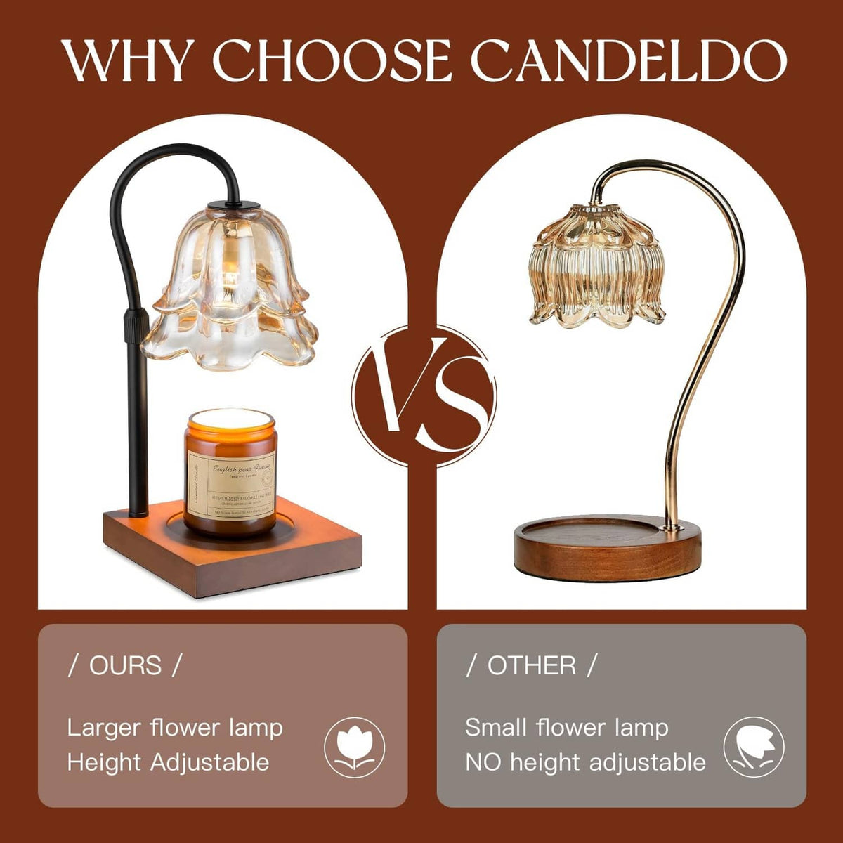Candeldo candle warmer lamp with gold floral glass shade and black arched stand