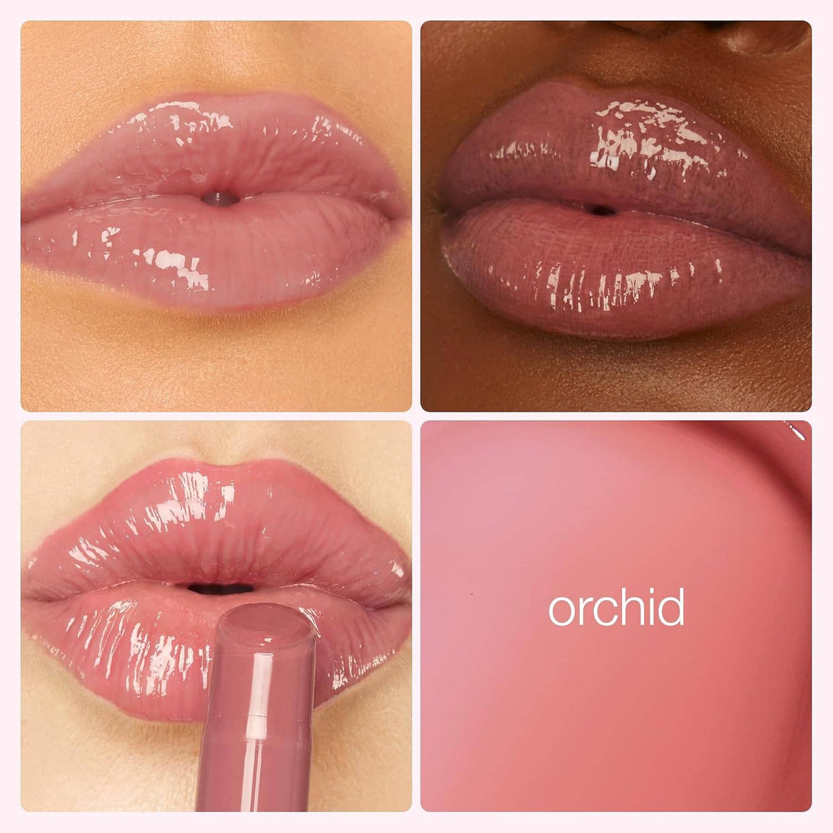 Glossy tinted lip balm on lips with rich mauve-brown berry finish