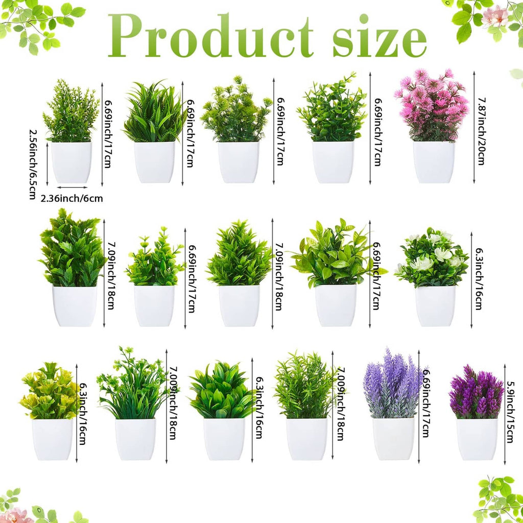 Set of 16 mini artificial potted plants, varied green plants in white square pots
