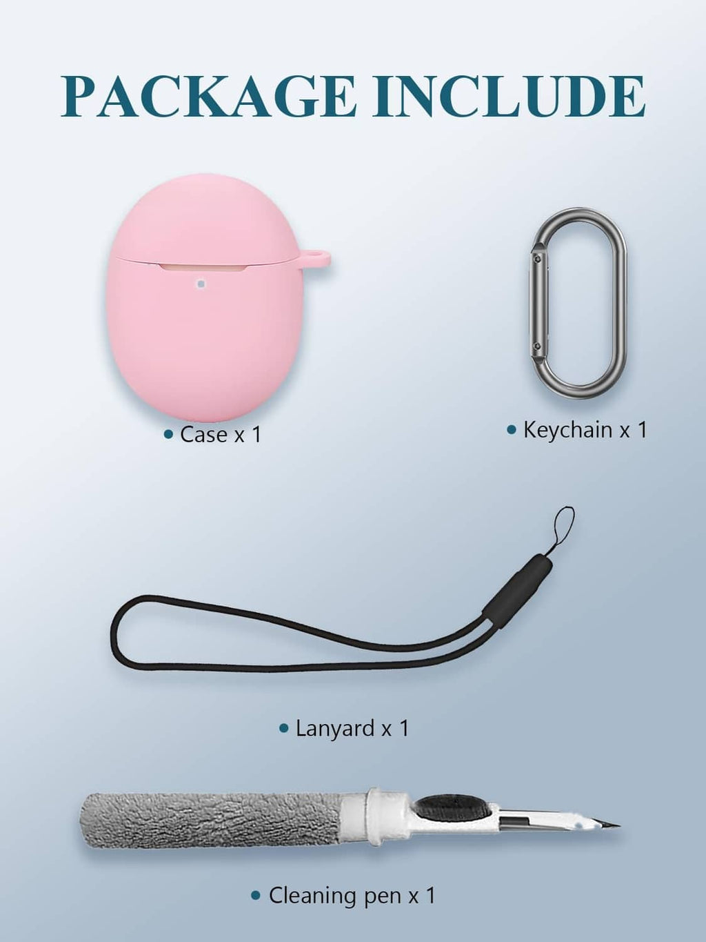 Pink earbuds case bundle with keychain, lanyard strap, and cleaning pen