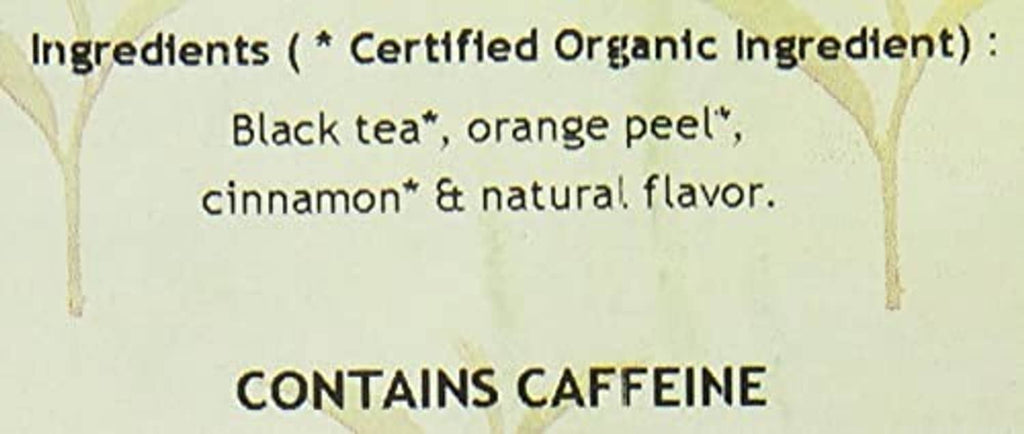 Orange Spice tea ingredients text: black tea, orange peel, cinnamon, natural flavor