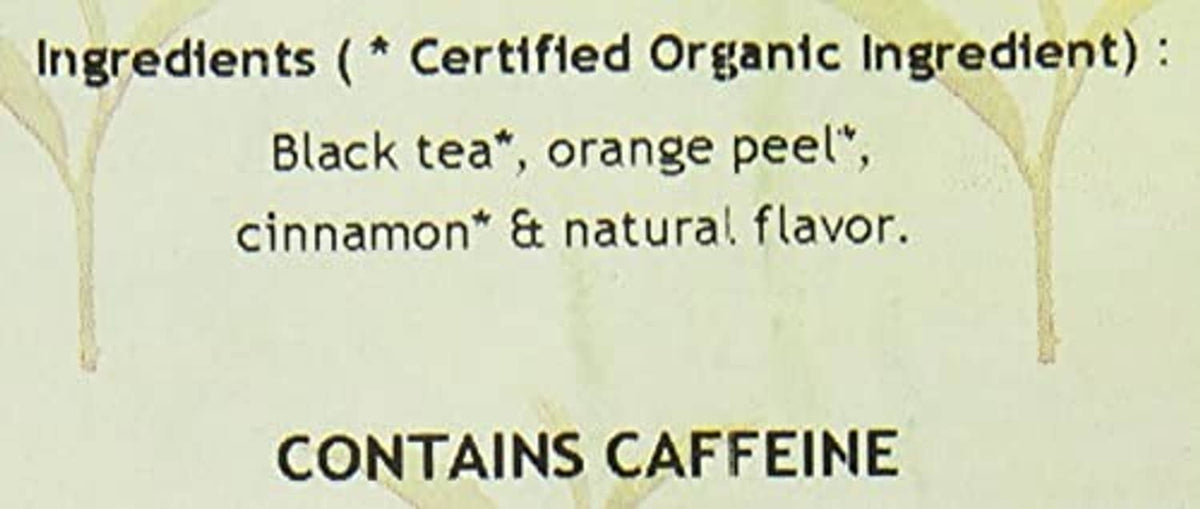 Orange Spice tea ingredients text: black tea, orange peel, cinnamon, natural flavor