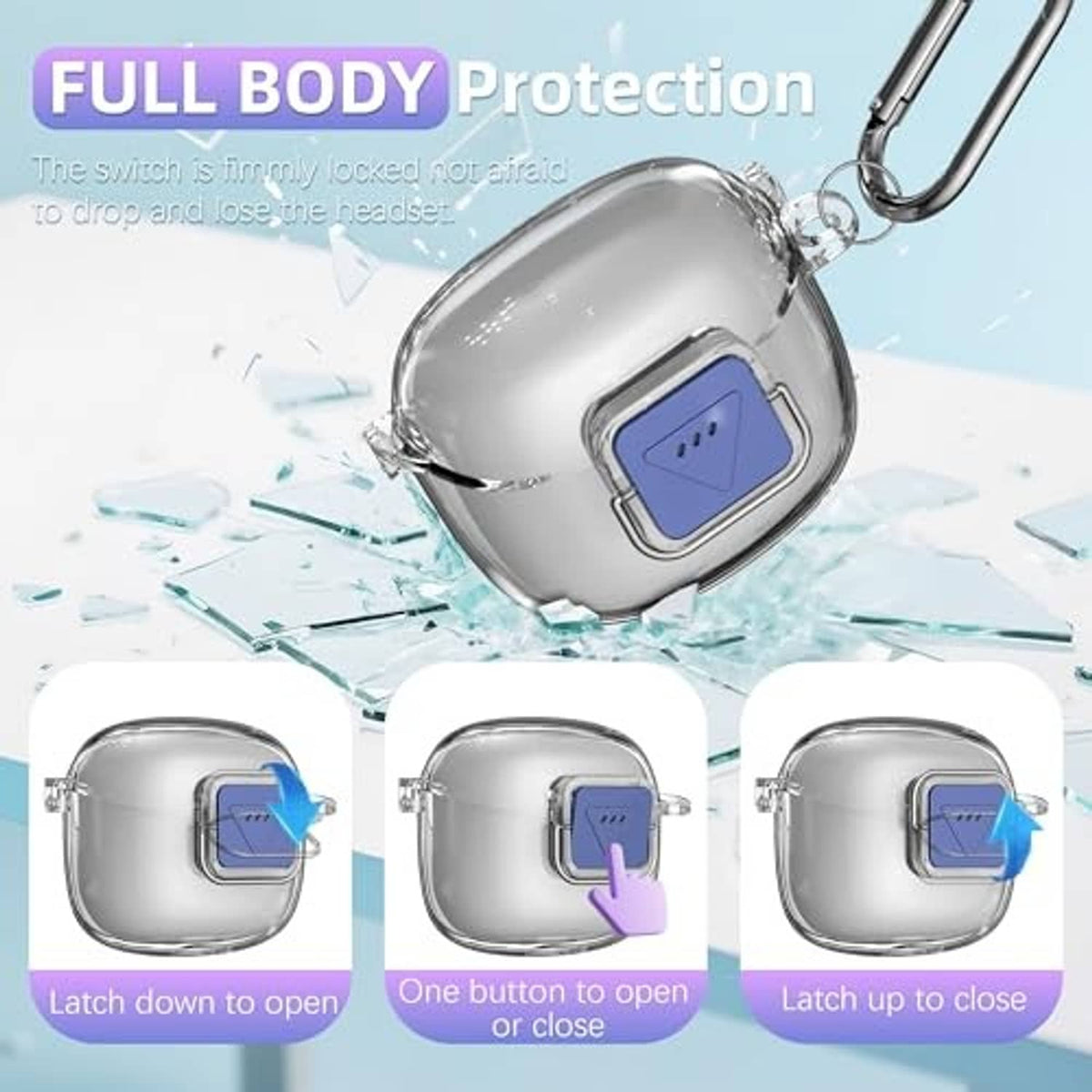 Clear TPU full-body earbud case cover with blue latch and carabiner