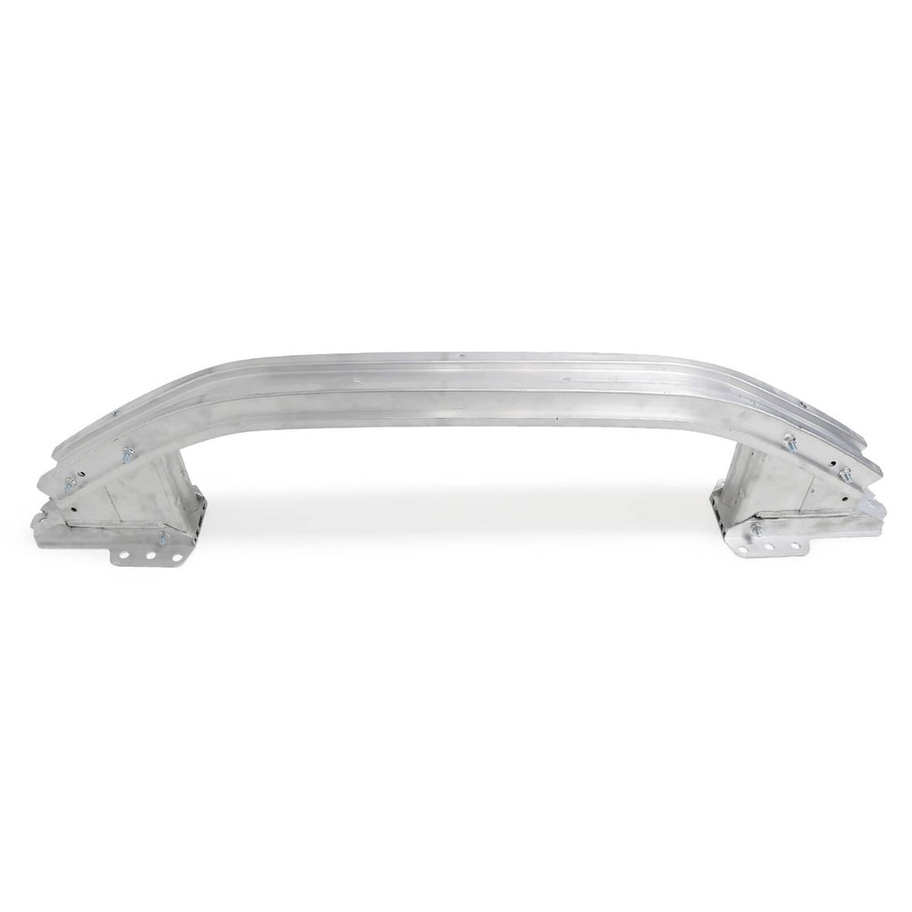 Curved bumper reinforcement beam with end mounting brackets, silver metal