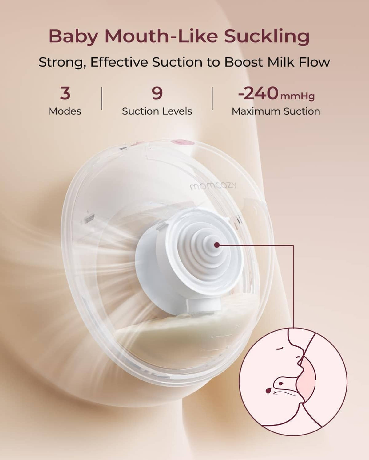 Wearable breast pump suction head with mode and suction level indicators, white pump parts