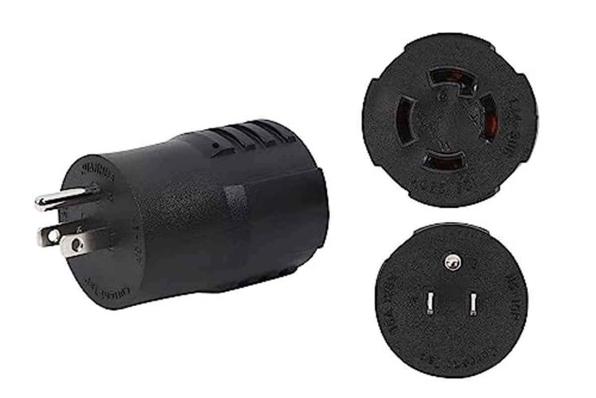 Black cylindrical power plug adapter with two-prong plug and round socket faces, compact