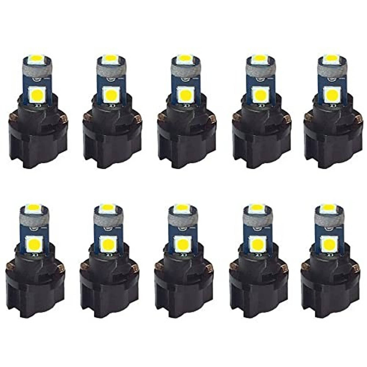 Set of 10 T5 LED bulbs with square LED chips on black twist-lock holders