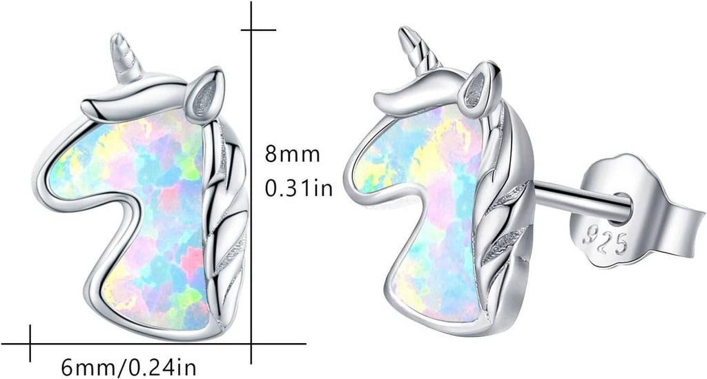 Sterling silver unicorn stud earrings with iridescent opal-colored inlay, measured view