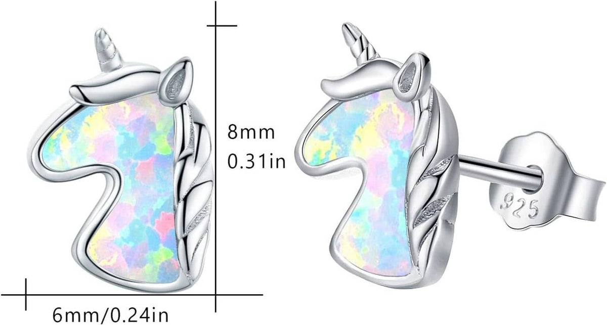 Sterling silver unicorn stud earrings with iridescent opal-colored inlay, measured view