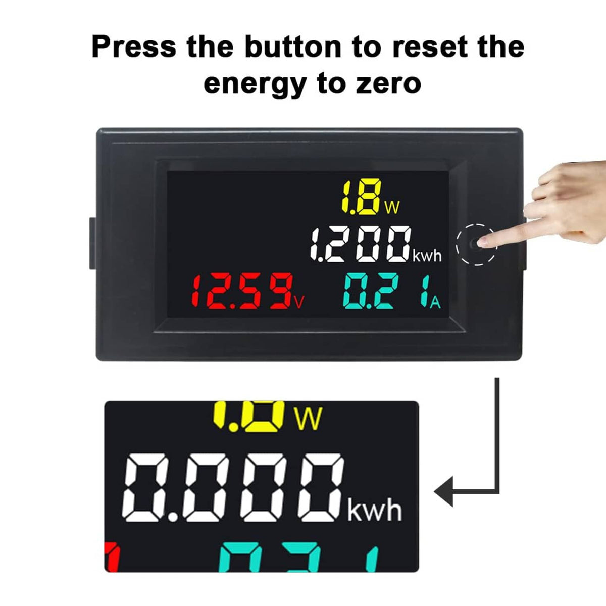Black digital panel power/energy monitor with LED display and reset button prompt