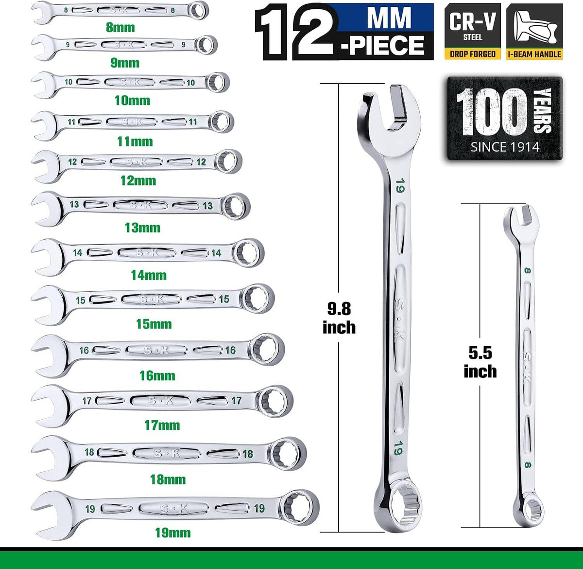 12-piece combination wrench set layout with 8–19mm sizes and 12-point open ends