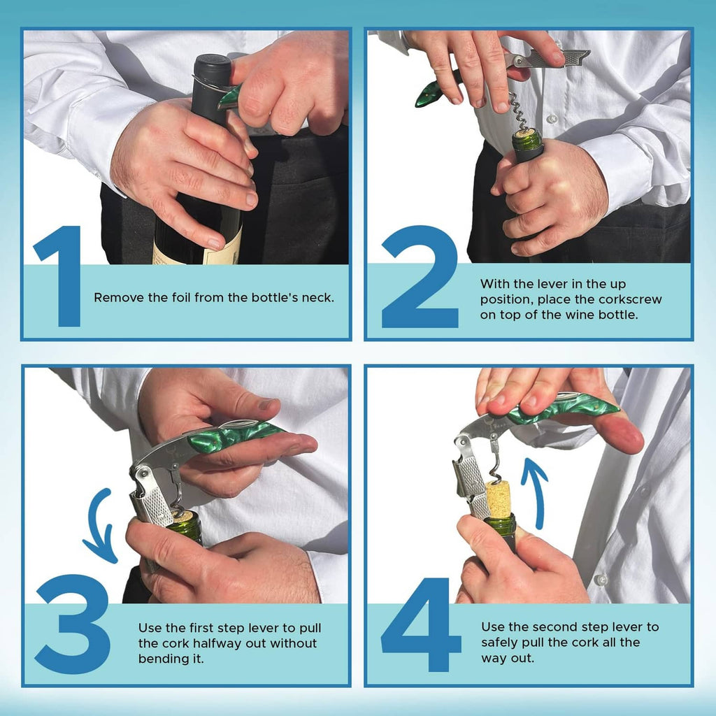 Wine bottle corkscrew in use: remove foil, pull cork, and lift lever