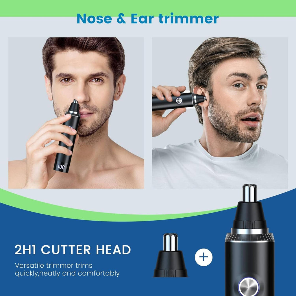 Handheld black ear and nose hair trimmer with LED display, nose grooming attachment