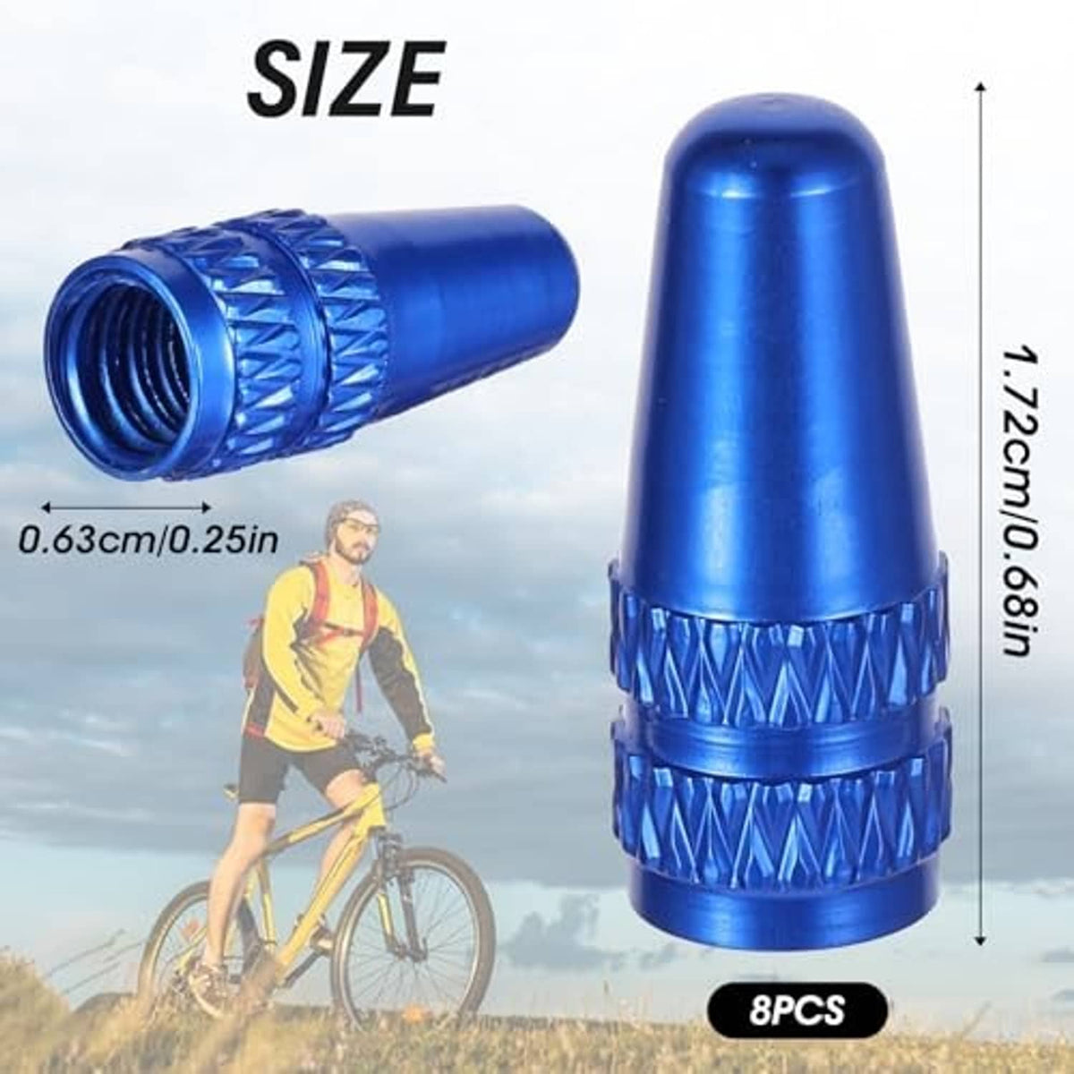 Blue aluminum Presta valve cap with rocket-style knurled band and visible threads