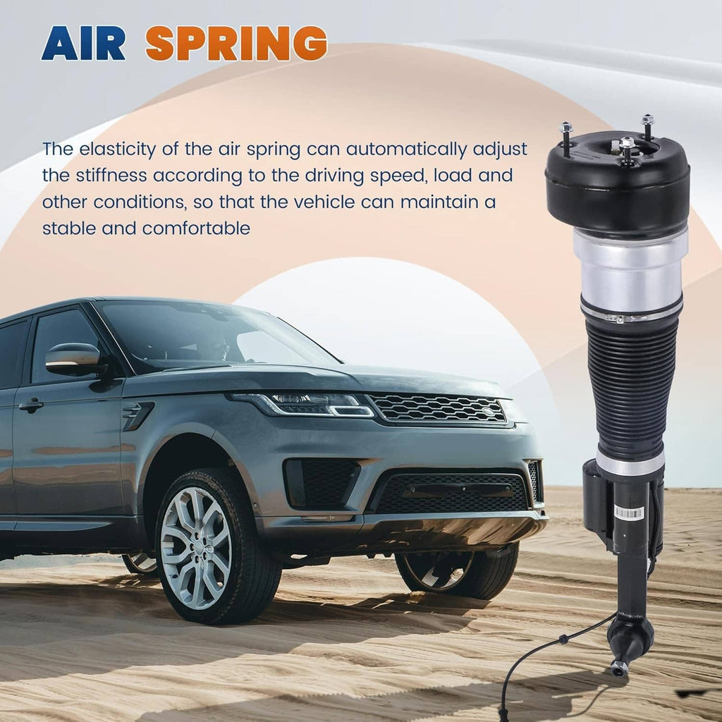 Air suspension strut shock absorber installed near vehicle front, black and silver