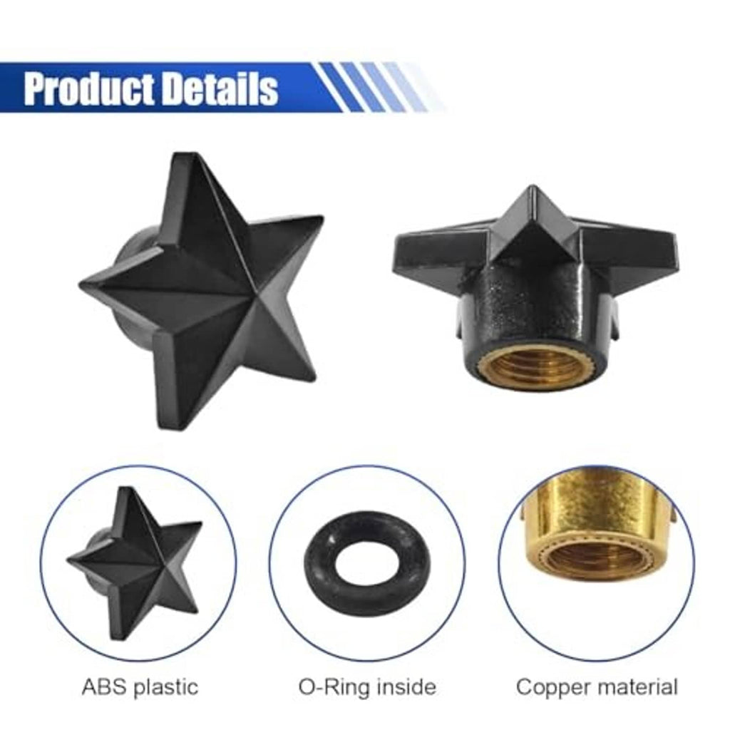 Black five-point star valve stem caps with O-ring, ABS plastic body, copper insert
