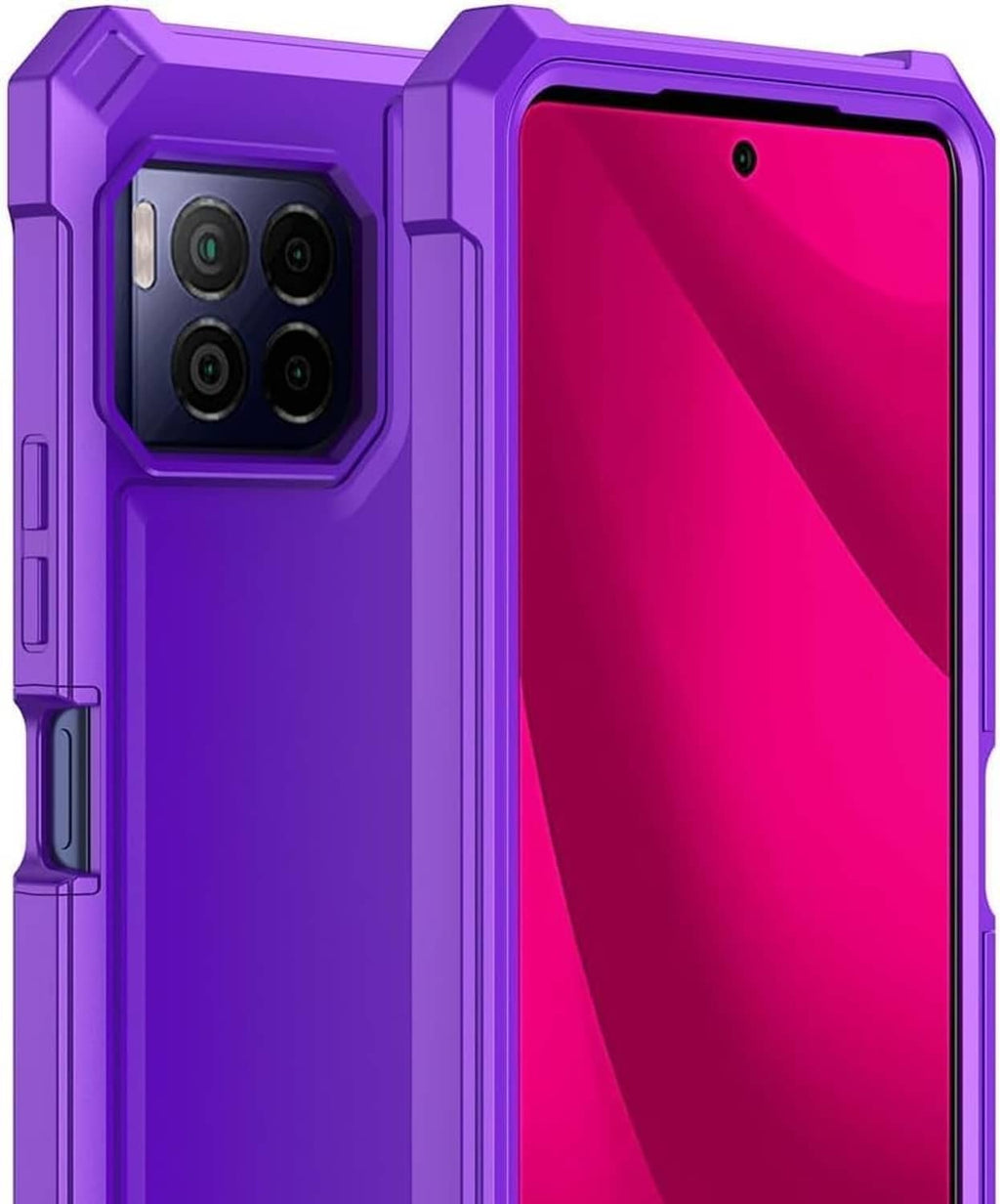 Purple rugged phone case showing back cameras and front screen protection