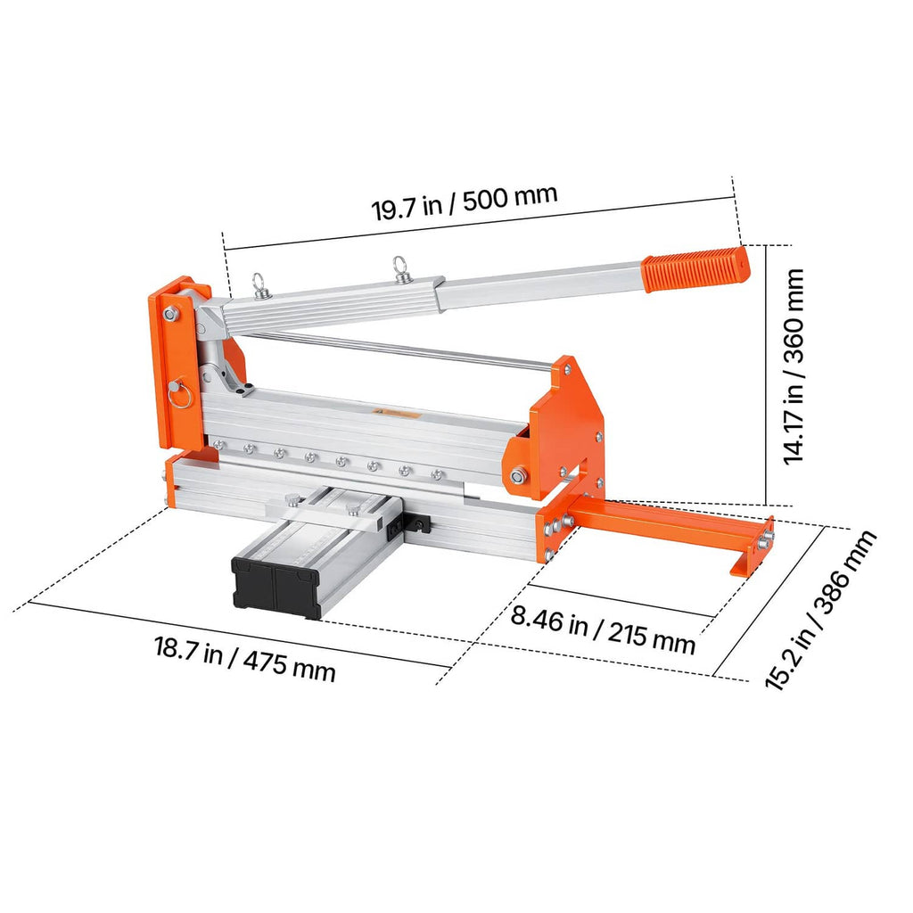Flooring cutter on white background with orange base, silver rails, black support block