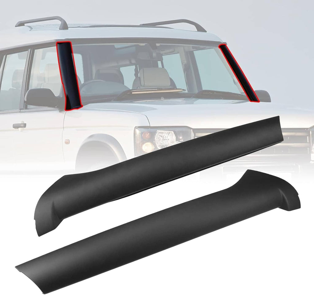 Pair of black windscreen pillar moldings with rivet mounts for Land Rover Discovery