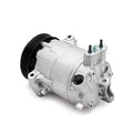 A/C compressor with clutch, silver housing with black pulley and mounting ports