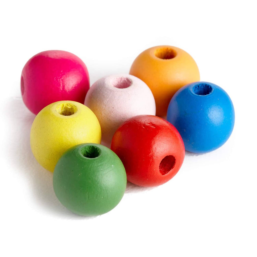 Round multicolor wooden beads with center holes (pink, yellow, green, blue, red, orange)